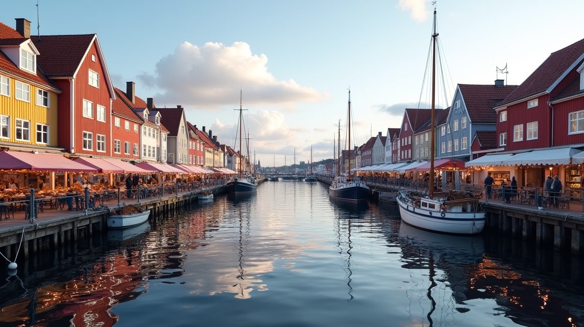 Kristiansand Fiskebrygga csatornája sétányokkal és halpiac éttermekkel