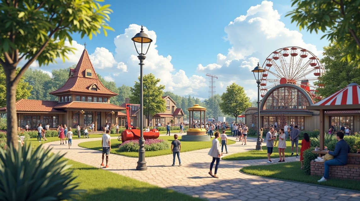 Kristiansand Dyreparken vidámpark látképe emberekkel és attrakciókkal