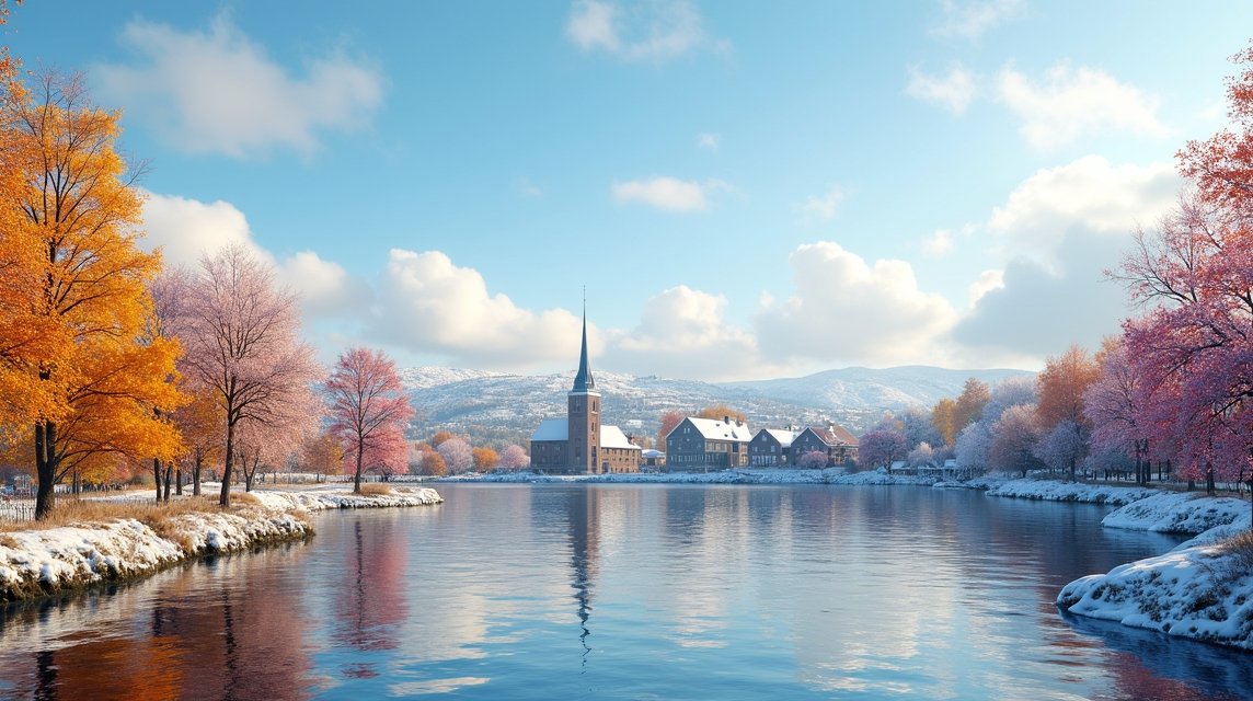 Kristiansand téli táj havas fákkal és tükörsima vízzel.