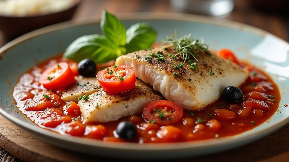 Füstölt tőkehal paradicsomos szószban friss zöldségekkel