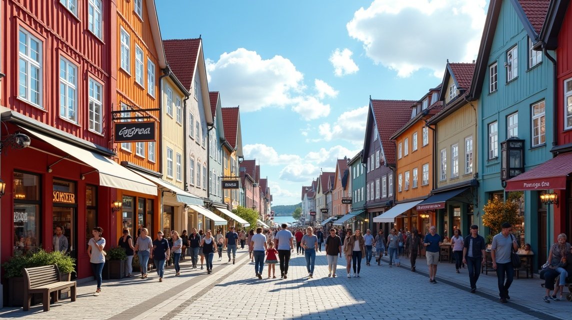 Langgata sétálóutca Sandnesben, élénk kávézókkal és butikokkal.