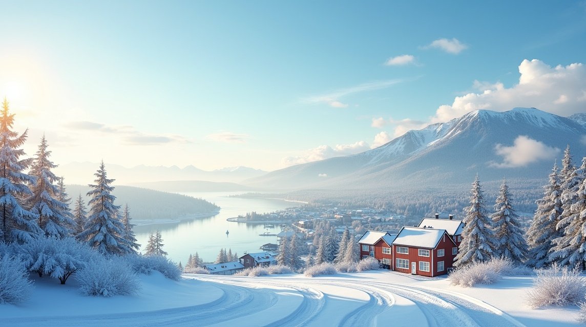 Téli táj Larvik környékén, hóval borított fák és házak.