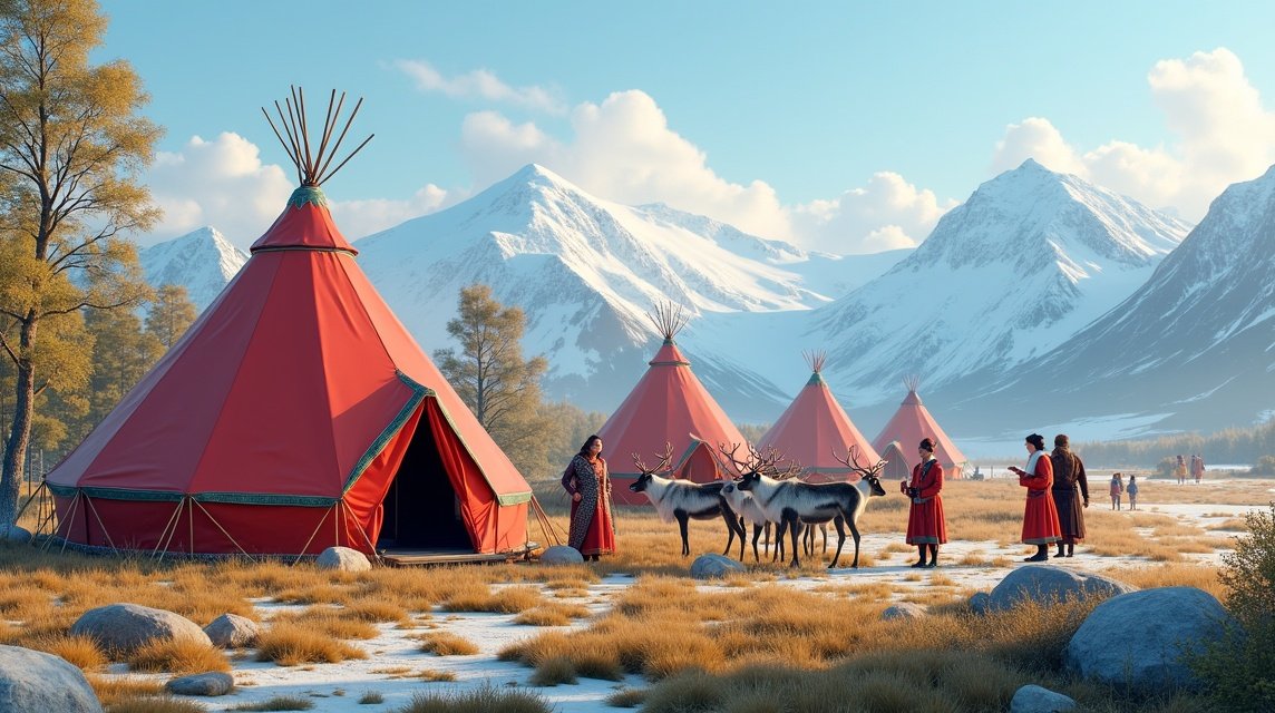 Számi Siida tábor Alta csodás tájában rénszarvasokkal