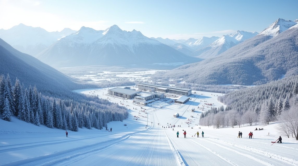Síelők a hófedte hegyeken Lillehammer közelében, Norvégiában.