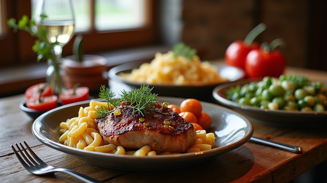 Finom helyi ételek Lillehammerből, friss zöldségekkel és tésztával.
