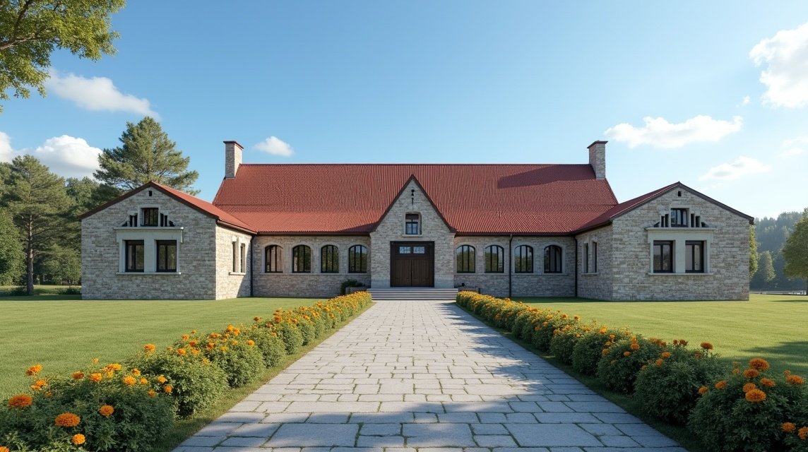 A Minnehallen emlékcsarnok Stavernben, Norvégiában, nyugodt környezetben.