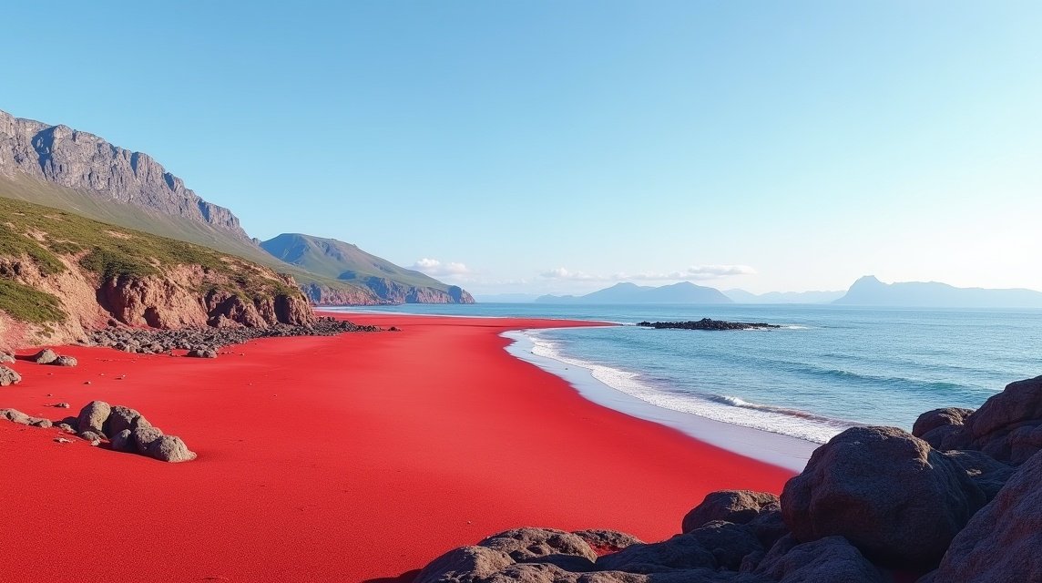 Mjelle strand vörös homokja Bodø városában Norvégiában.