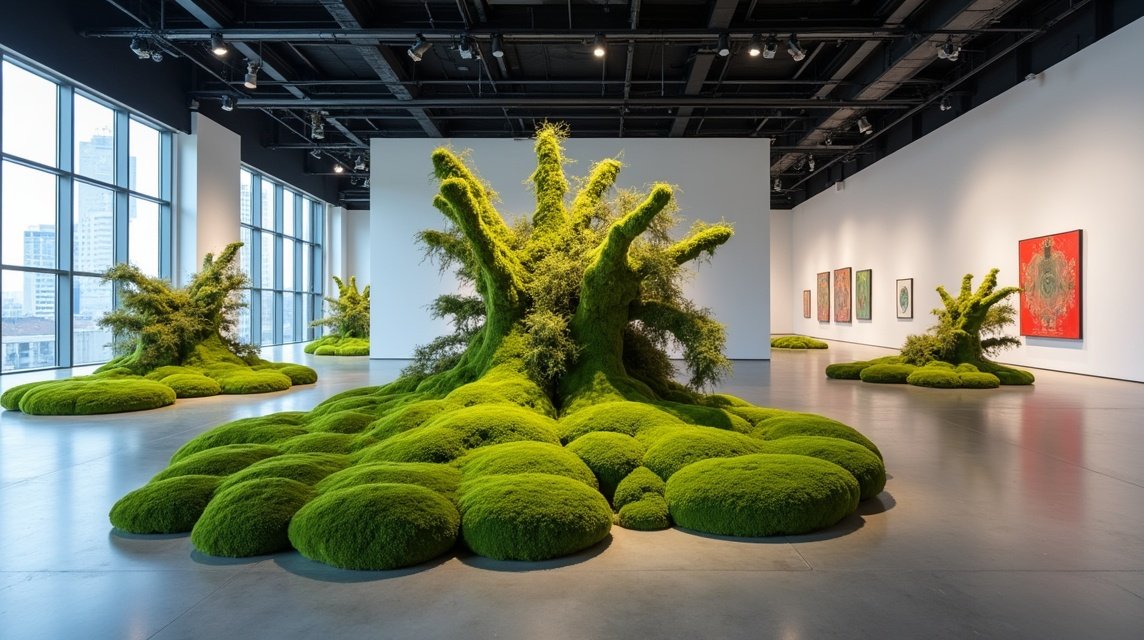 Zöld moha installáció a Momenta Biennálén, kortárs művészet.