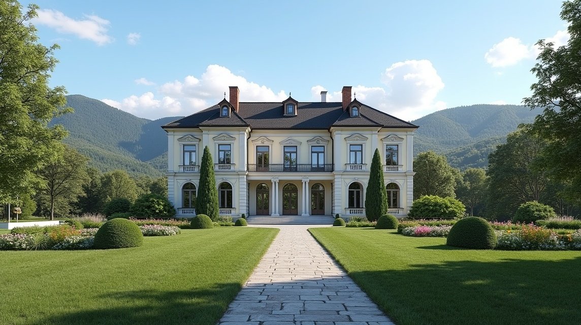 Molde történelmi villa, gyönyörű kertrésszel és háttérben hegyekkel