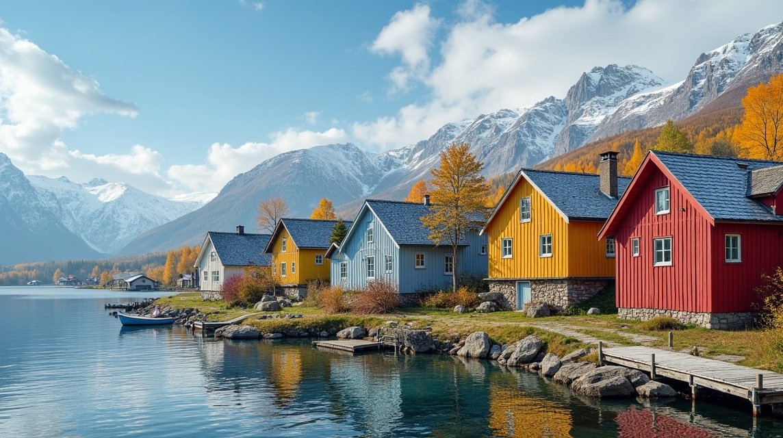 Festői tóparti házak Molde közelében, Norvégia hegyekkel a háttérben.