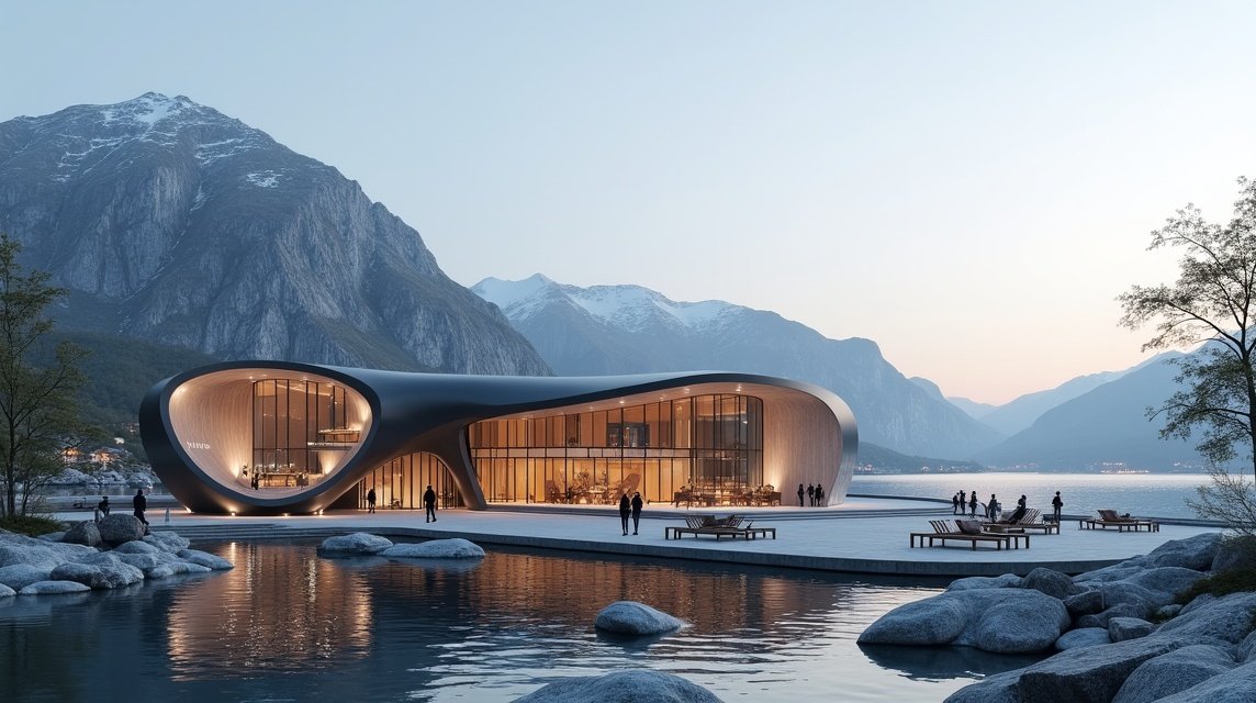 Plassen Kulturális Központ Molde városában, Norvégiában, lenyűgöző hegyekkel a háttérben.