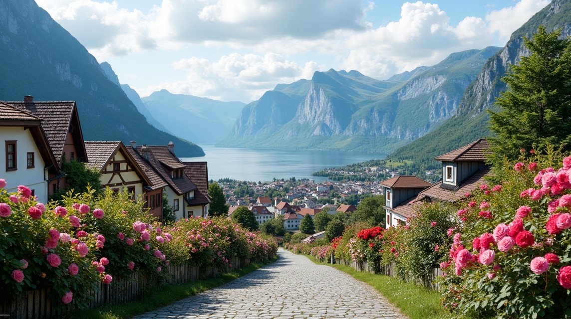 Gyönyörű táj Molde virágokkal a Rózsák Városában, Norvégiában.