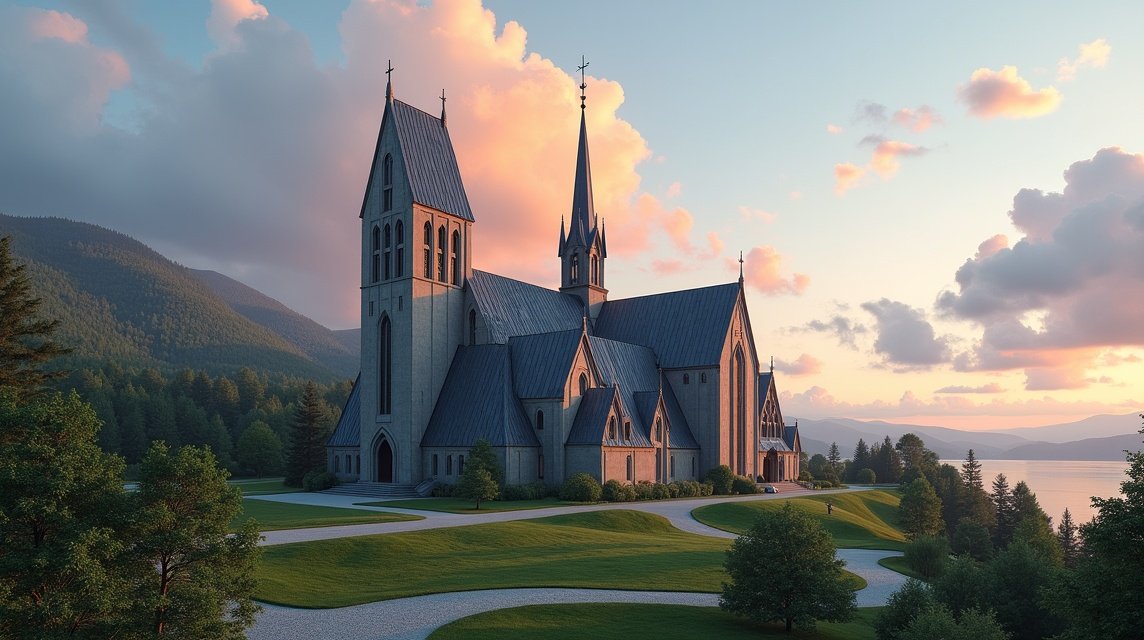 A Moldei Dóm lenyűgöző képe a fjord partján, klasszikus és modern stílusjegyekkel.