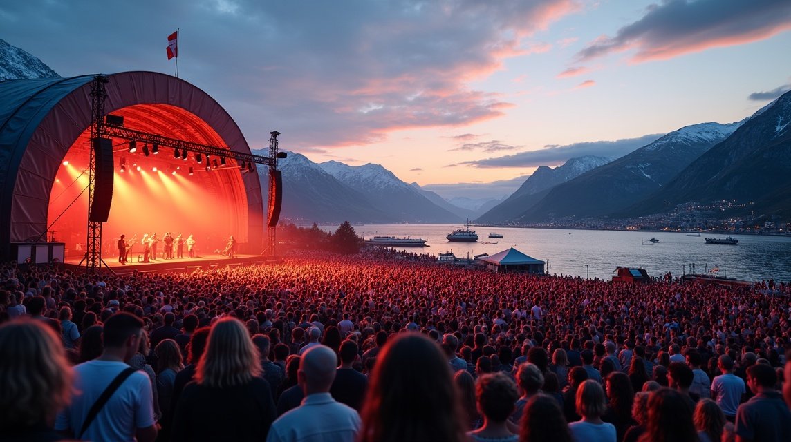 A Moldejazz fesztivál látképe a norvég fjordokkal a háttérben.