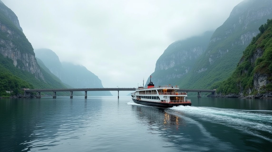 Komp átkelés a fjord felett Norvégiában, gyönyörű tájjal