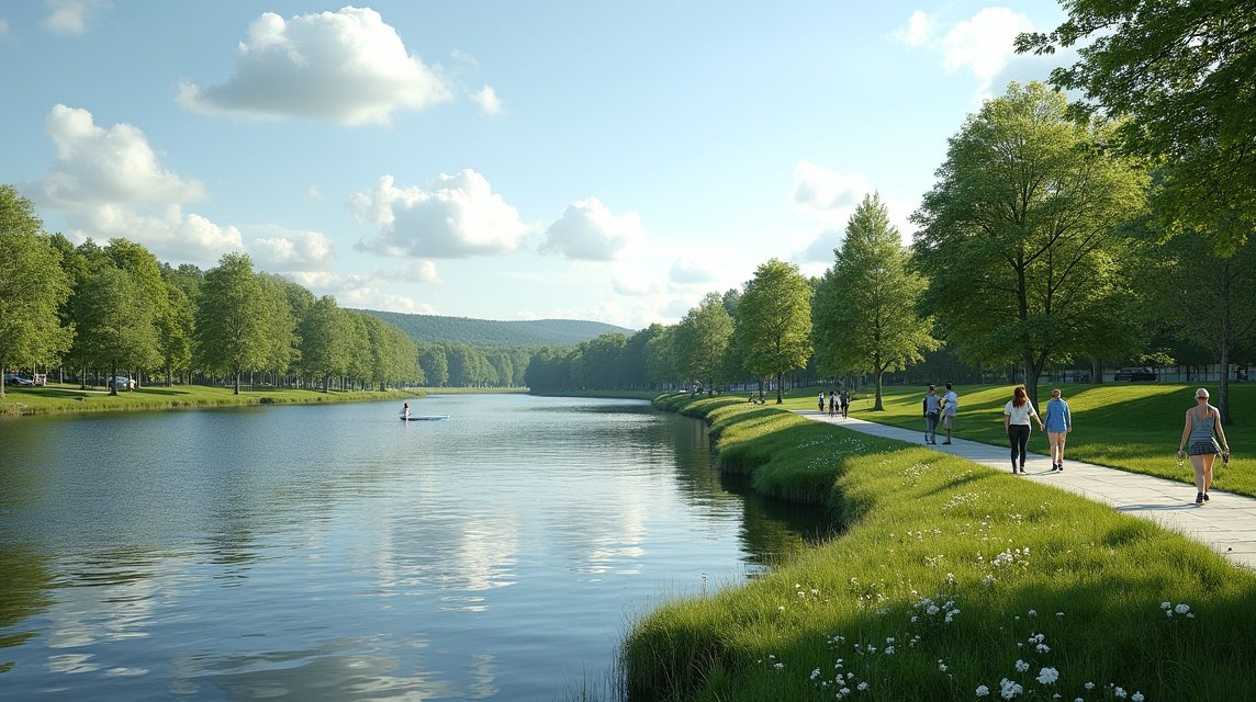 Sétálók a Vansjø-tó partján zöld fák között