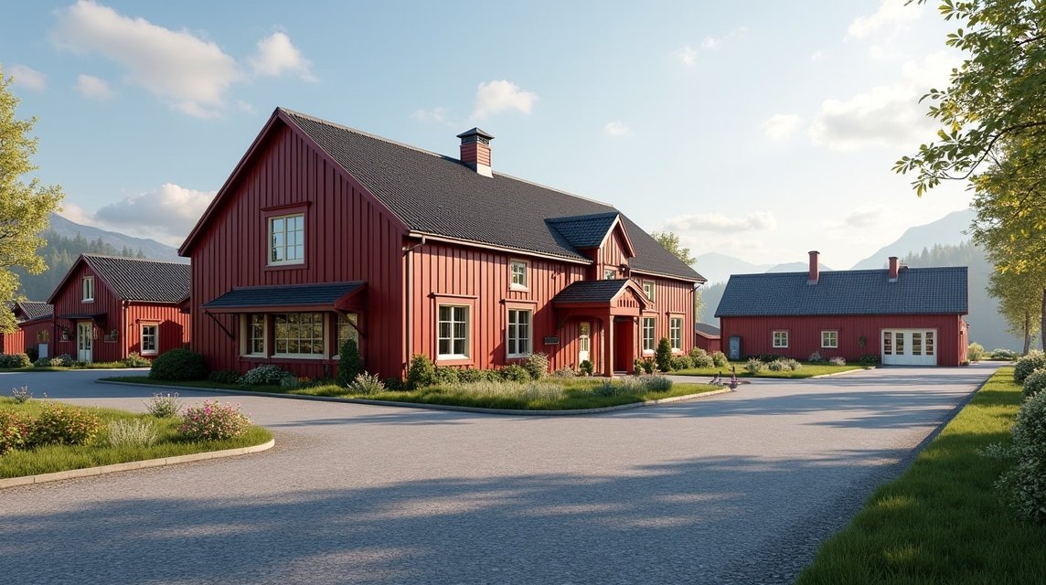 Moss városi és ipari múzeum szép épületei a környező tájban.