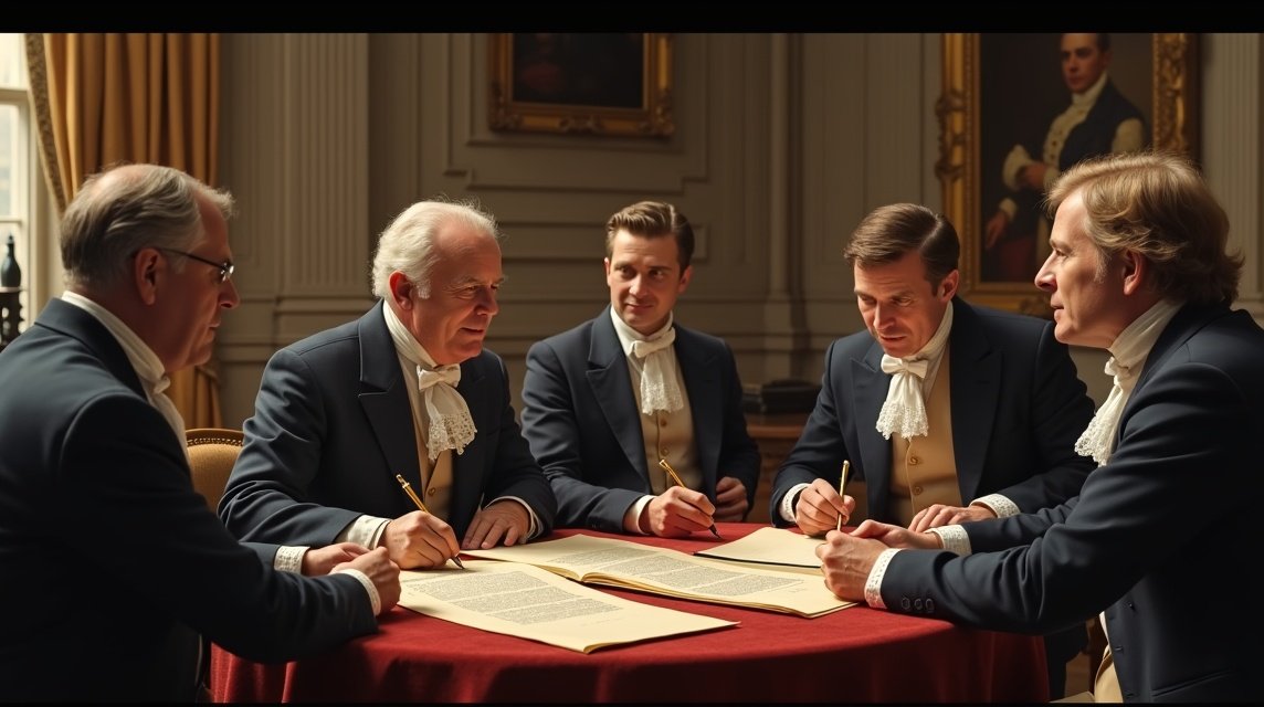 Politikai egyezmény aláírása történelmi környezetben.