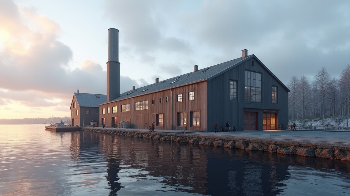 A Mustad horoggyár épülete Gjøvikben, Norvégiában, naplementében.