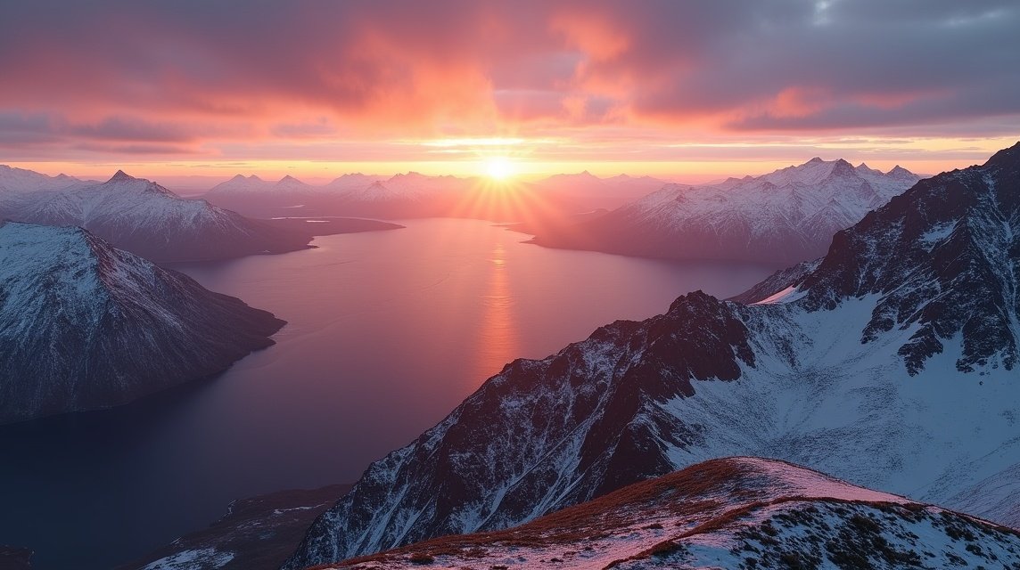 Gyönyörű naplemente Narvik hegyeiben és fjordjaiban.