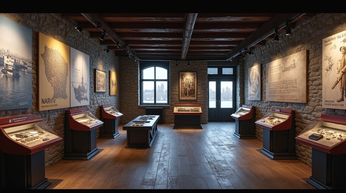 Narvik Háborús Múzeum kiállítóterme, történelmi relikviák