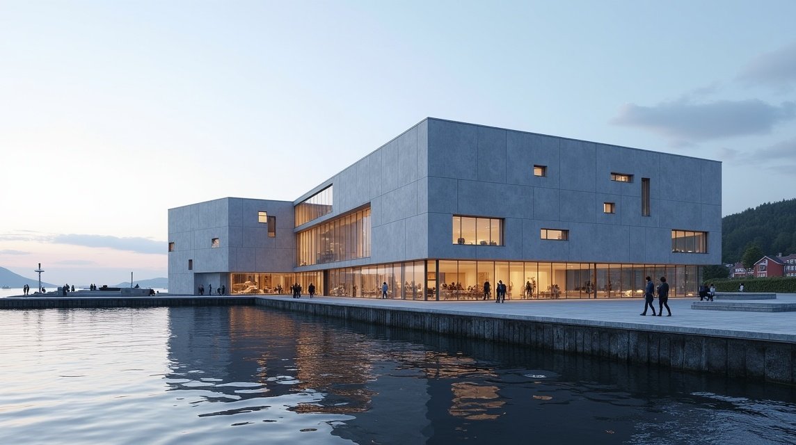 Modern épület a Norvég Olajmúzeumnál Stavangerben, vízparti kilátással.