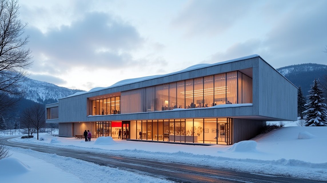 A Norvég Olimpiai Múzeum Lillehammerben, télen hóval borított környezetben.