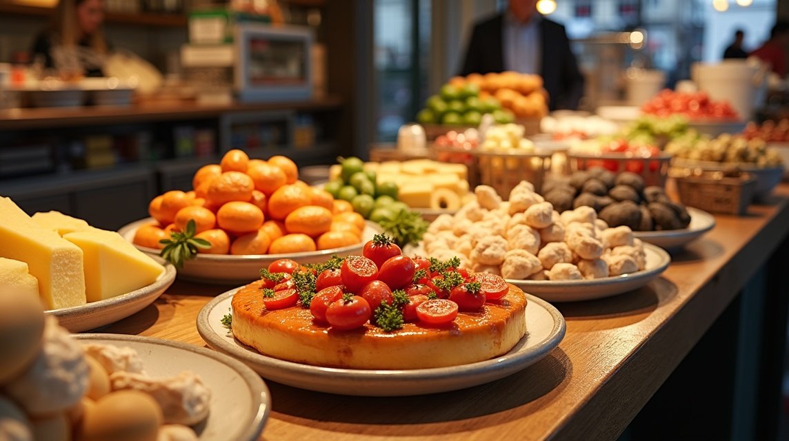 Különböző ételek, köztük barna sajt és friss zöldségek egy büféasztalon Oslo-ban.
