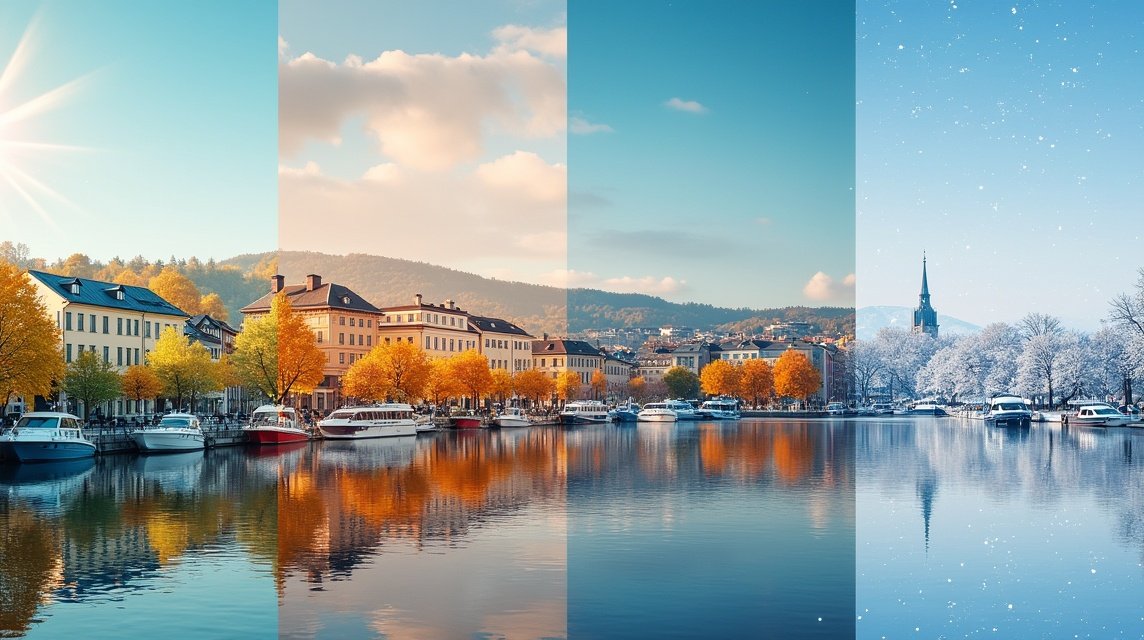 Oslo különböző évszakai: nyár, ősz, tavasz és tél a városban.