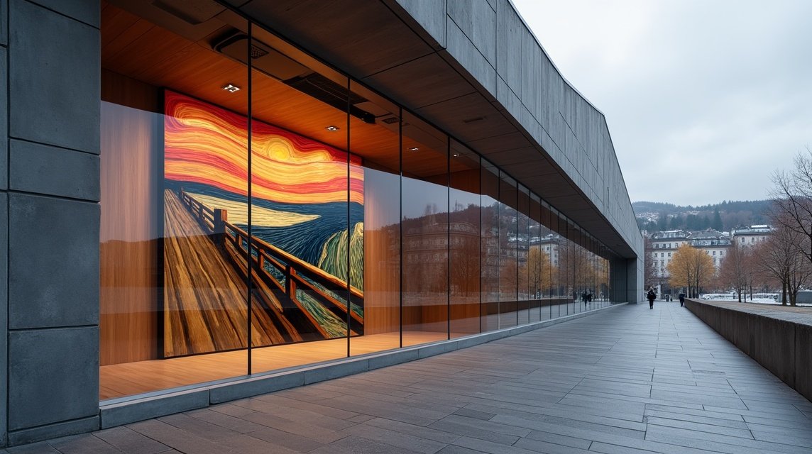 Munch Múzeum kültéri nézet, háttérben a Sikoly festmény