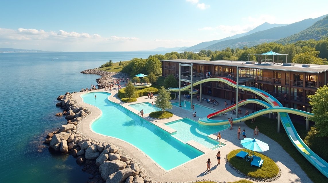 Pirbadet élményfürdő tengerparti élmény medencével és csúszdákkal Trondheimban