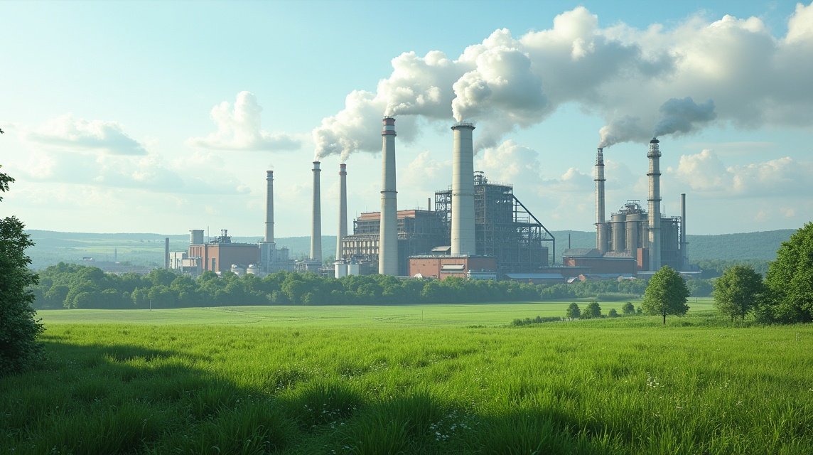 Porsgrunn műtrágya gyár képe, füsttel és zöld mezővel.