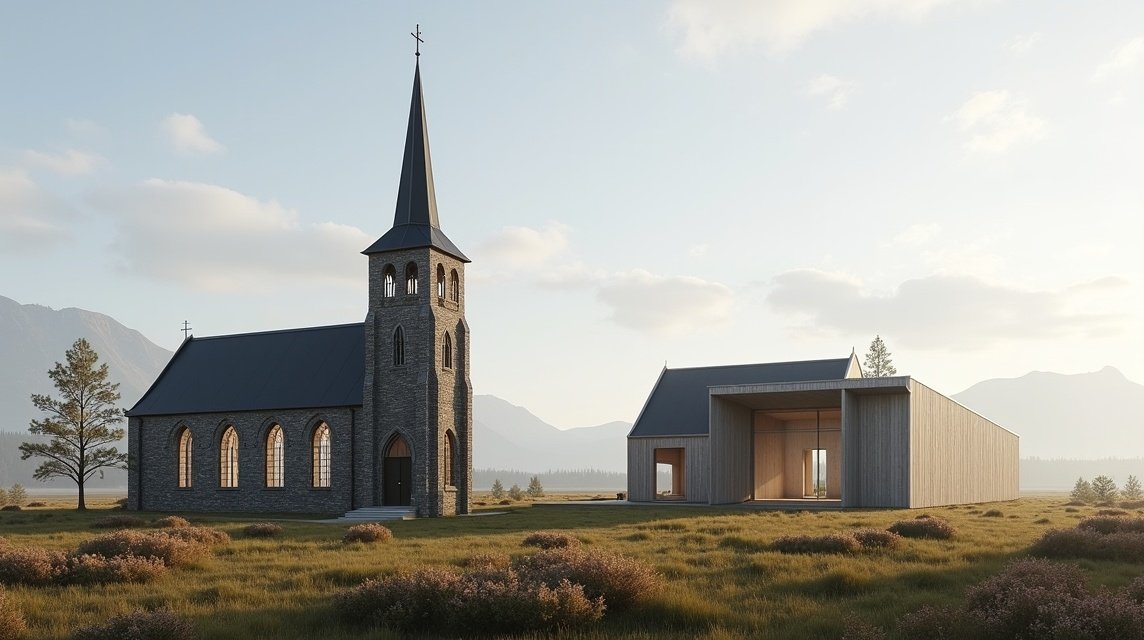 Østre Porsgrunn templom képe, új és régi építészeti stílusban.