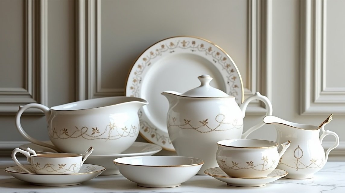 Porsgrunn porcelán étkészlet arany díszítéssel, elegáns kerámia design