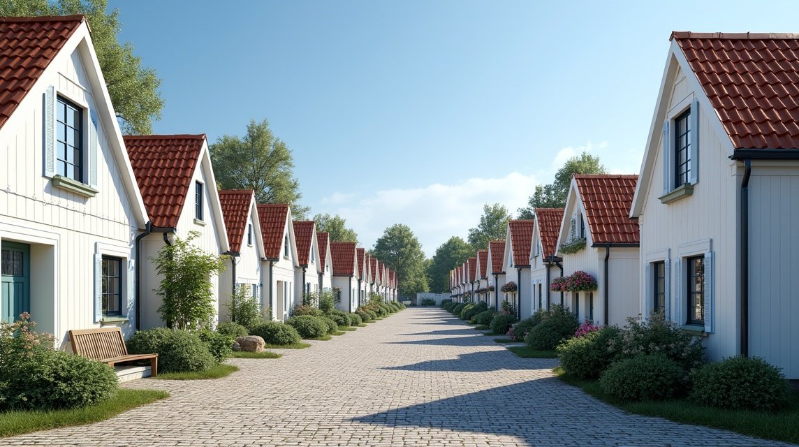 Kristiansand régi fehér faházak Posebyenben, macskaköves utcák között.