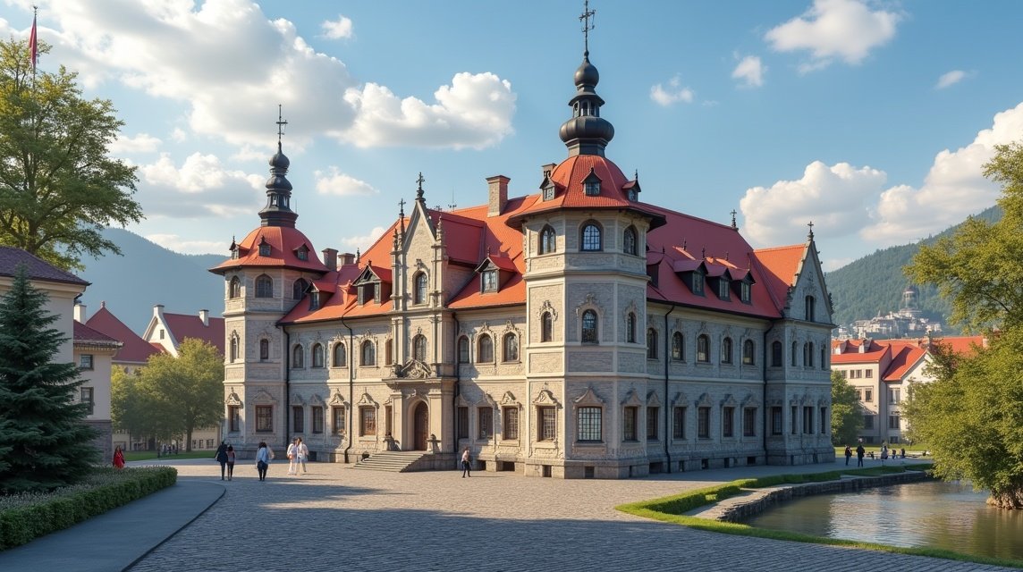Püspöki Palota Trondheim városában, Norvégiában, gyönyörű tájjal.