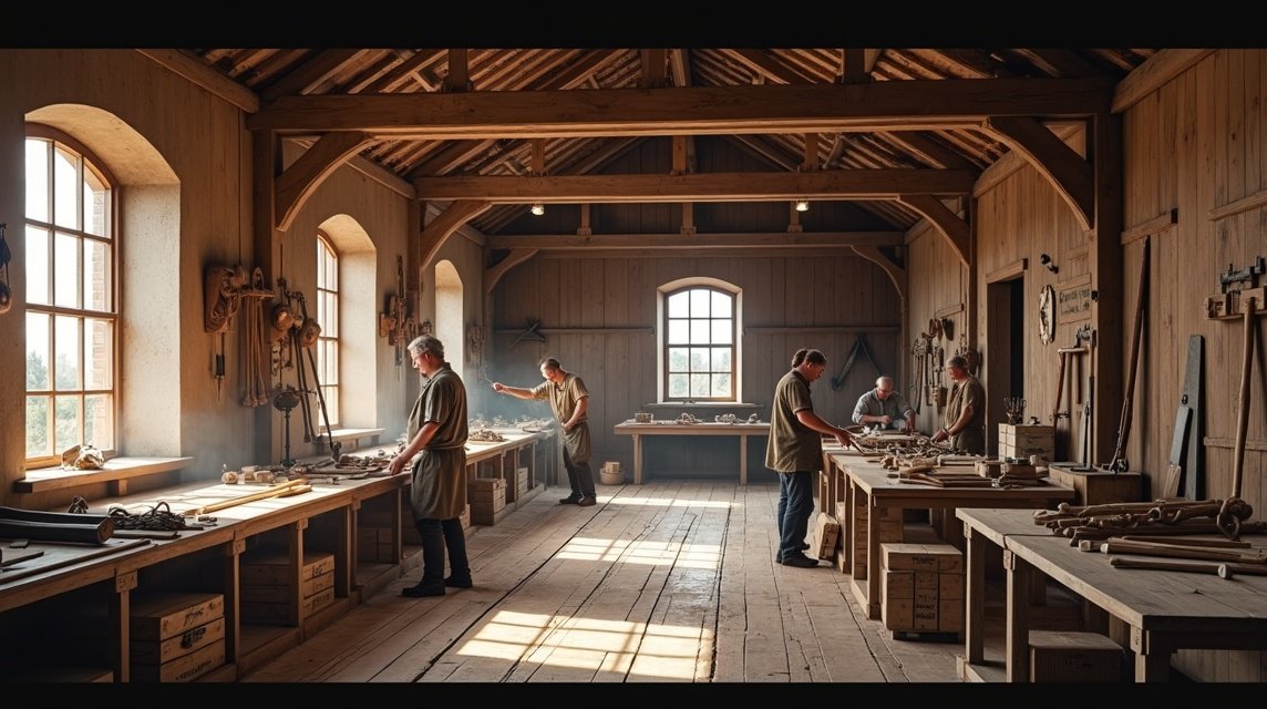 Hajóépítők a Tønsbergi Saga Oseberg műhelyben, Norvégiában.