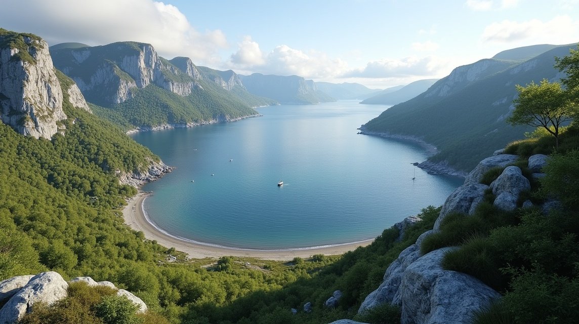 Sandefjord látnivalók - Kyststien (Parti ösvény) túraútvonal 1 Kilátás a Sandefjord-i Kyststien túraútvonalra, zöld hegyek és tengerpart.