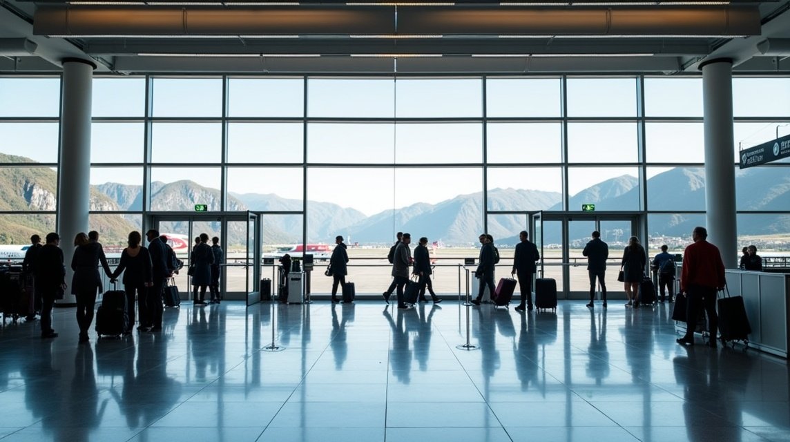 Utazók a Sandefjord–Torp repülőtér terminálján Norvégiában.