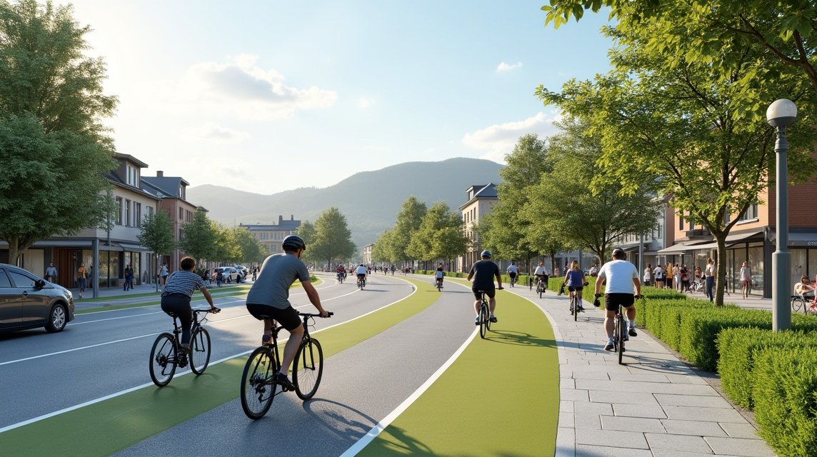 Kerékpárosok Sandnes városában kerékpáros úton.