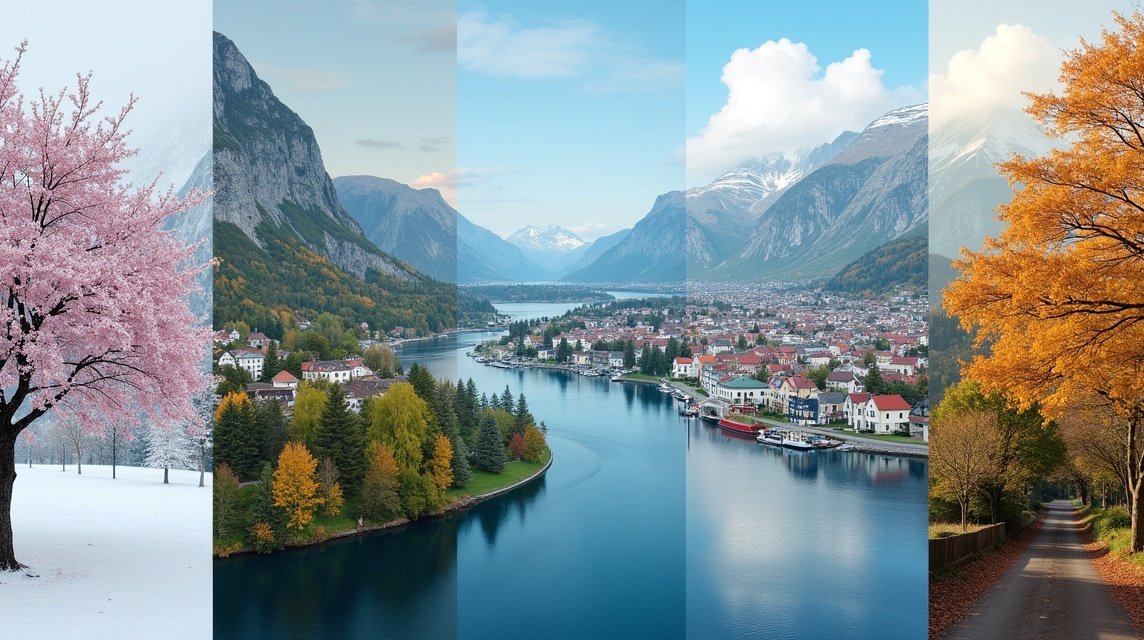 Évszakok Sandnesban: virágzó tavasz, nyári hegyek, őszi színek