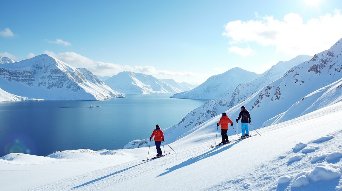 Narvik látnivalók - Síelés a Narvikfjelleten (tengerre néző pályák) 1 Síelők a hófödte Narvikfjelleten hegyekben, lenyűgöző tengerre néző kilátás