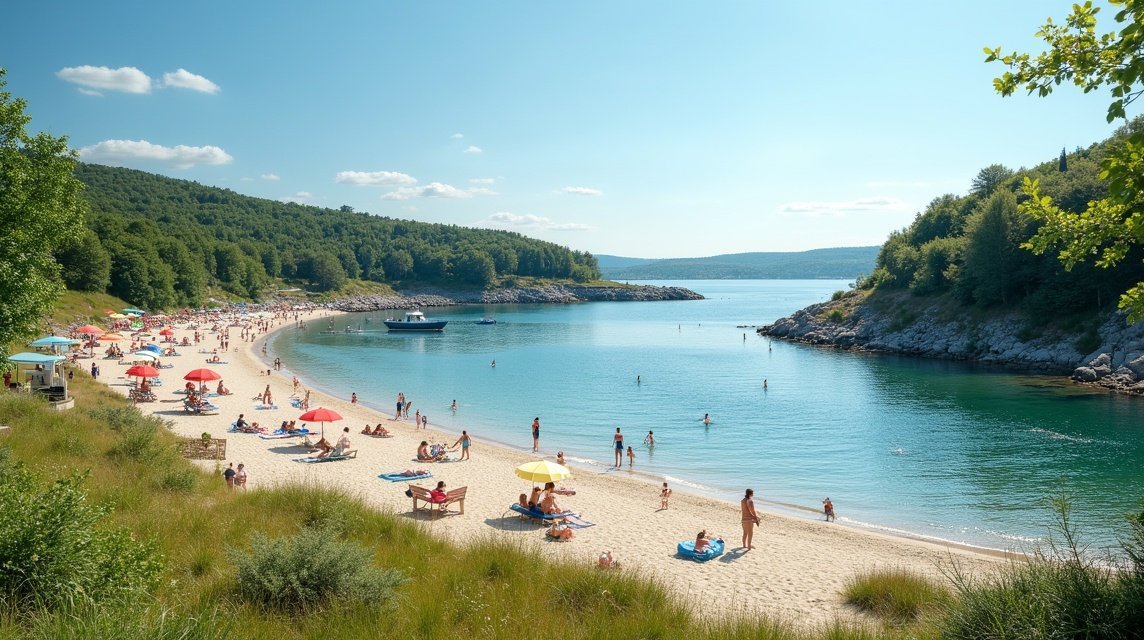 Sjøbadet strand sétányával és homokos partjával Moss városában.