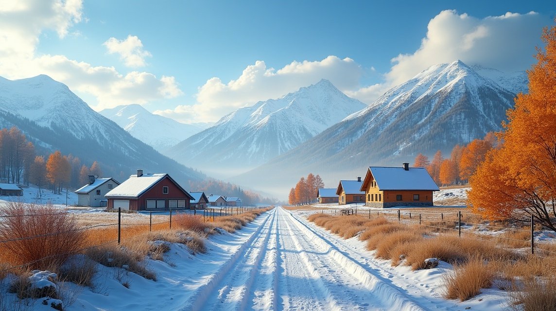 Téli táj Skien környékén, hóval fedett hegyek és házak.