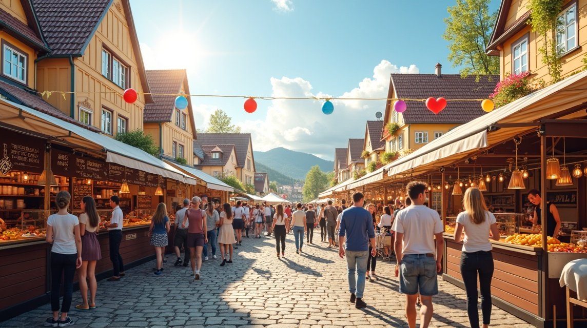 Élénk utcai ételfesztivál Skien városában, tele ízekkel és hangulattal.