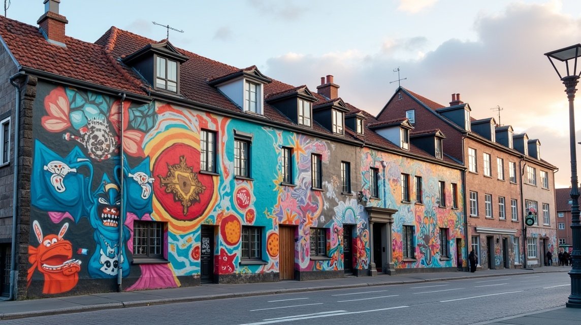 Színes falfestmények Stavangerben, Norvégiában a Nuart Fesztivál során.