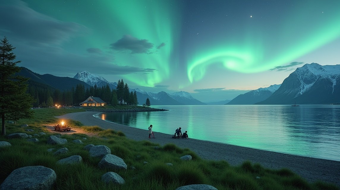 Éjféli nap és északi fény a Telegrafbukta strandon Tromsø közelében.