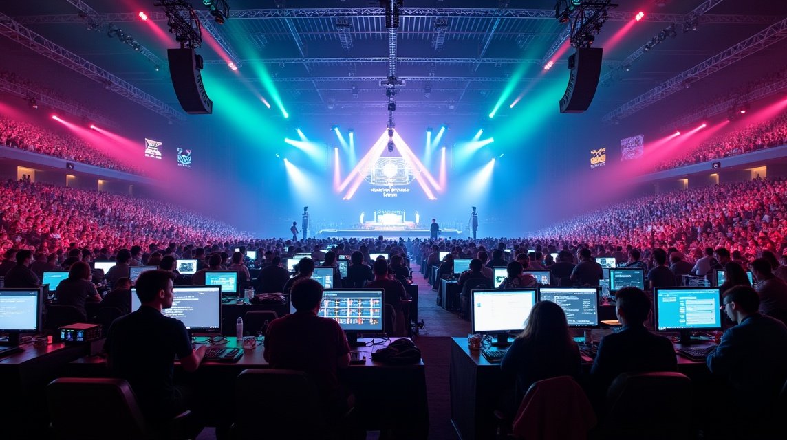 Jelenet a The Gathering számítógépes partin, sok résztvevővel és színpaddal.