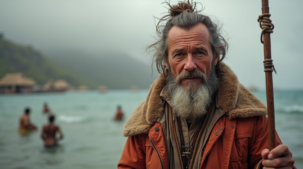 Thor Heyerdahl, a híres norvég felfedező, a tengerparton