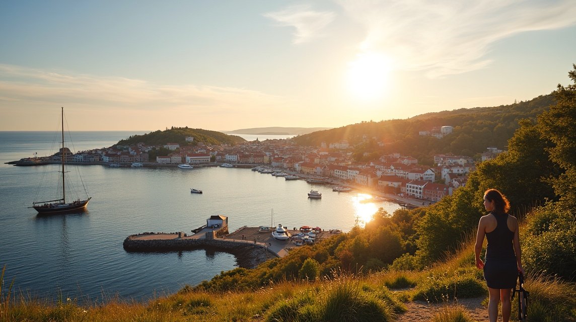 Tønsberg tengerparti naplementében, vitorlás hajóval és látogatókkal.